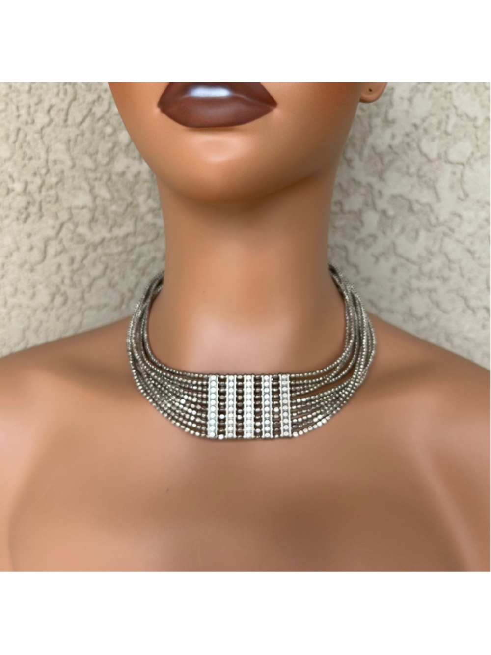 Chico’s Silver Beaded Mesh Statement Necklace